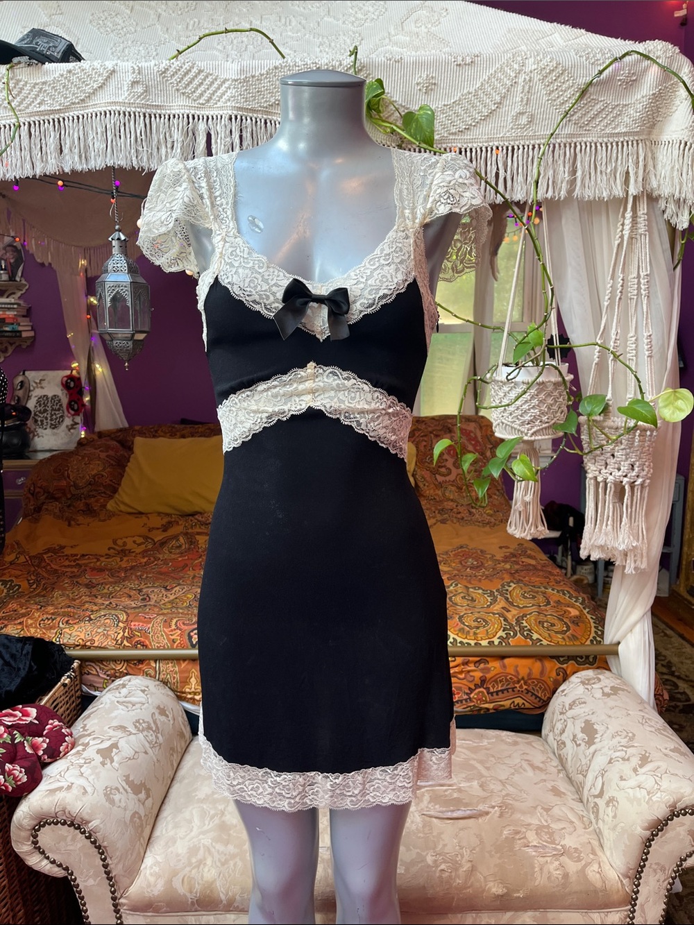 Dolls Kill Widow Ada Lovelace Goth cream + black lace trim mini dress